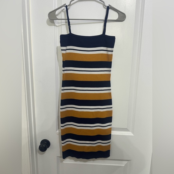 Windsor Dress L Bodycon Midi Striped Spaghetti Strap Blue Casual - Picture 2 of 7